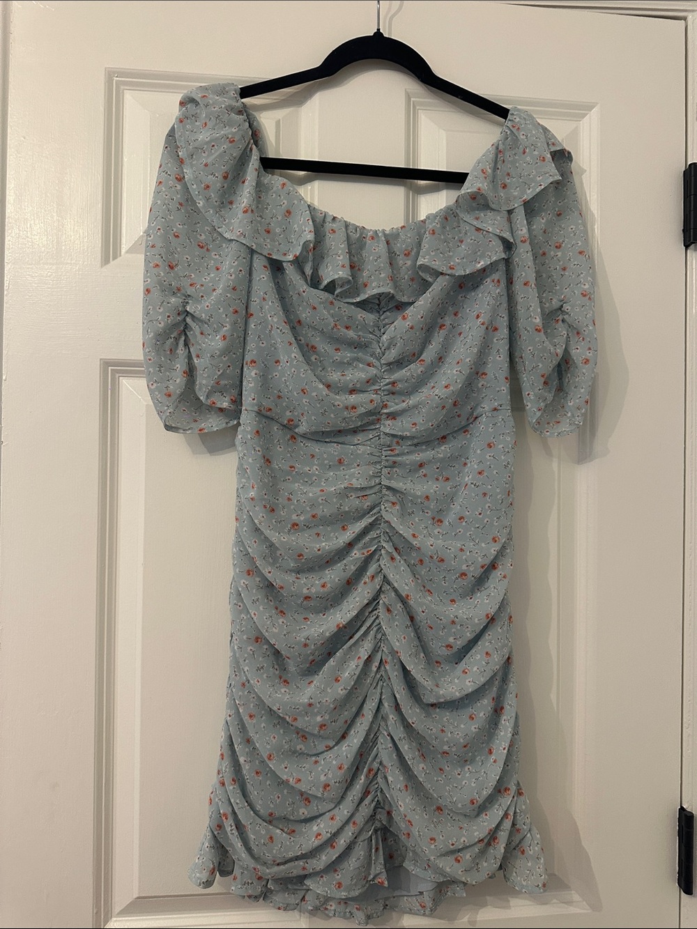 Astr Light Blue Floral Ruched Off-the-Shoulder Mini Dress